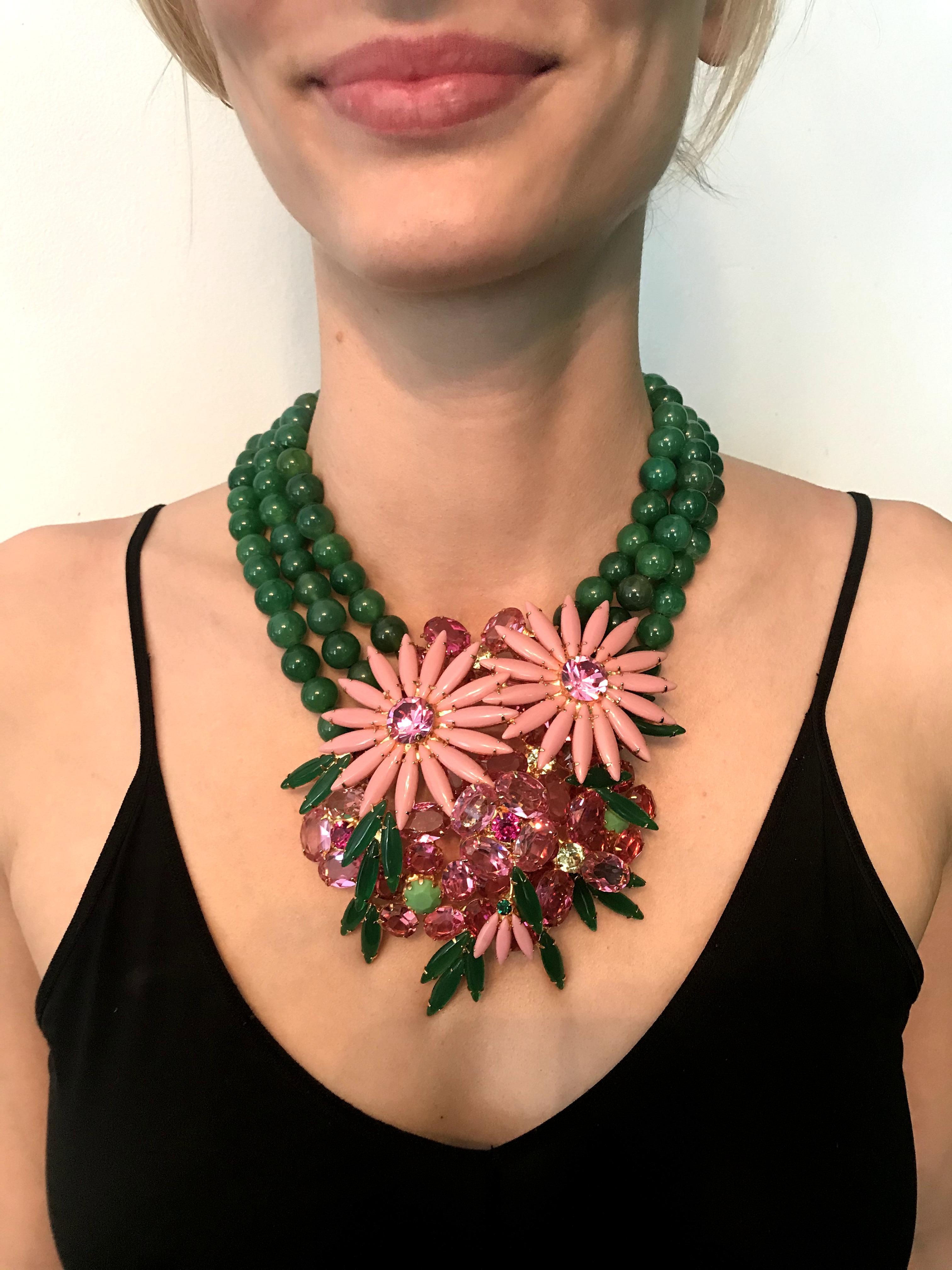 Pink Austrian Crystal Floral Cluster Green Agate Semi-Precious Bead Necklace For Sale 5