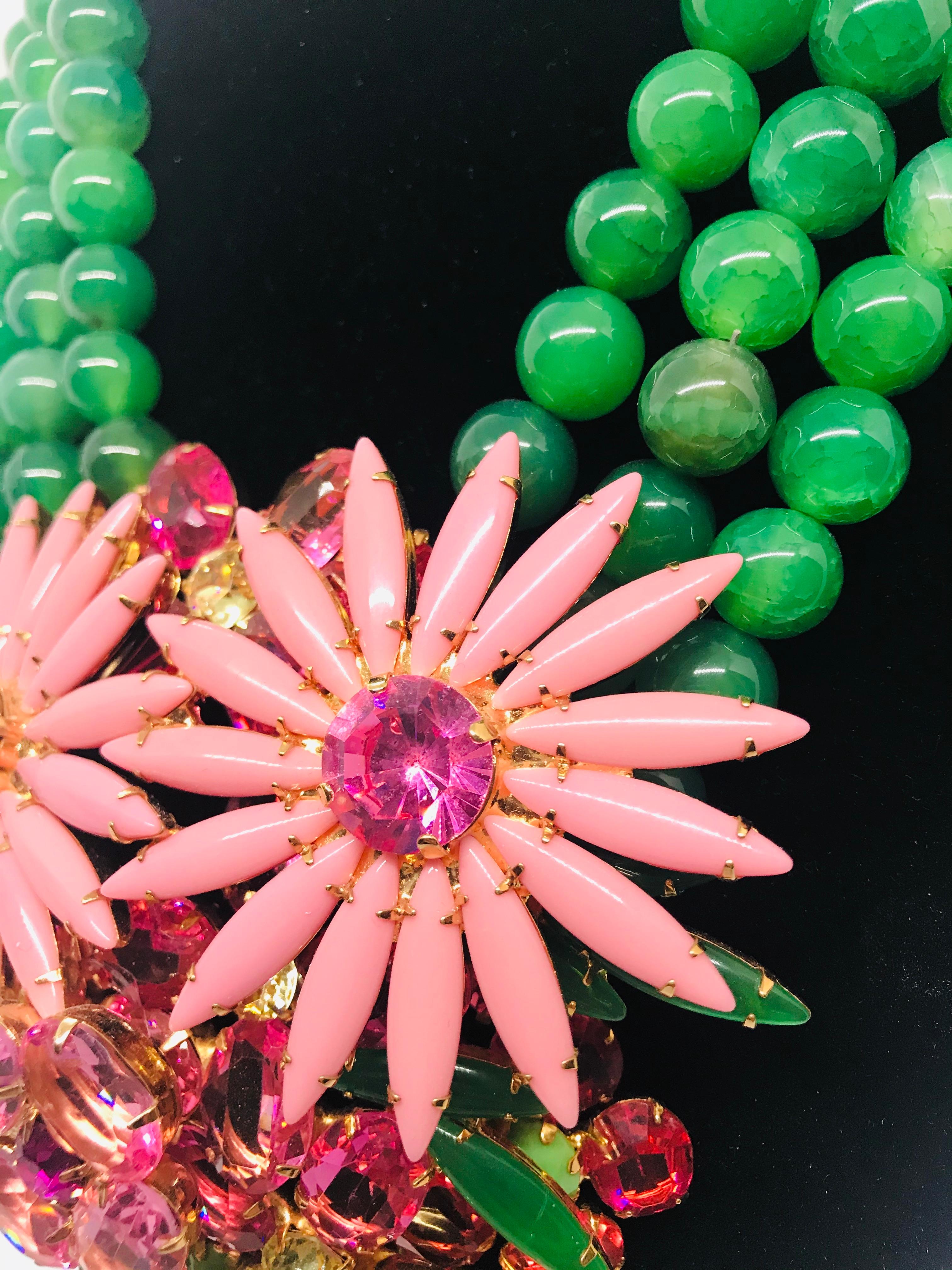 Art Nouveau Pink Austrian Crystal Floral Cluster Green Agate Semi-Precious Bead Necklace For Sale