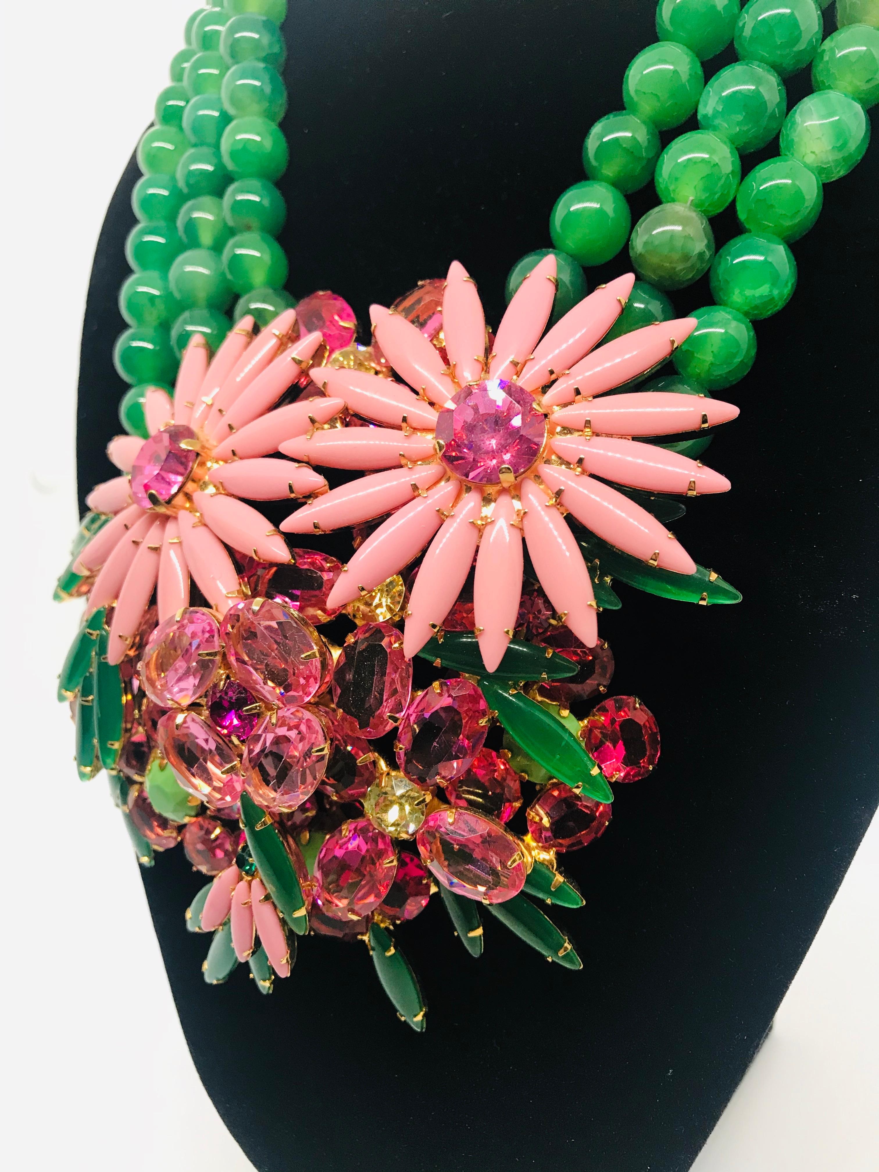 Marquise Cut Pink Austrian Crystal Floral Cluster Green Agate Semi-Precious Bead Necklace For Sale