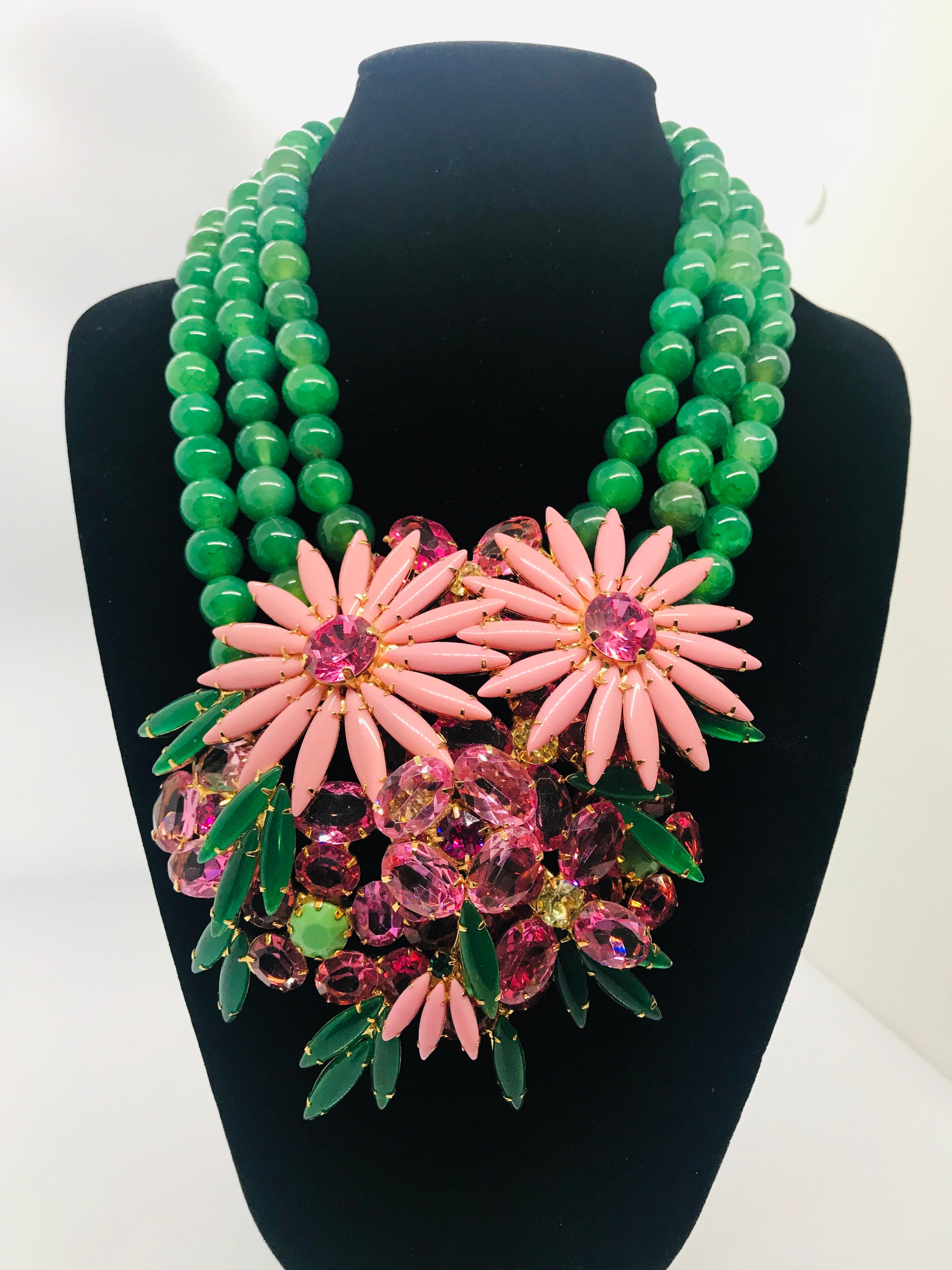Pink Austrian Crystal Floral Cluster Green Agate Semi-Precious Bead Necklace In New Condition For Sale In Toronto, CA