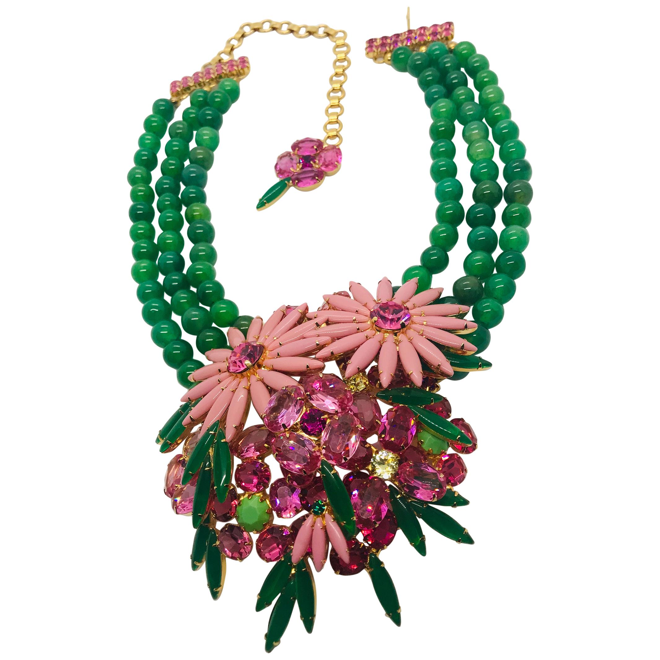 Pink Austrian Crystal Floral Cluster Green Agate Semi-Precious Bead Necklace For Sale