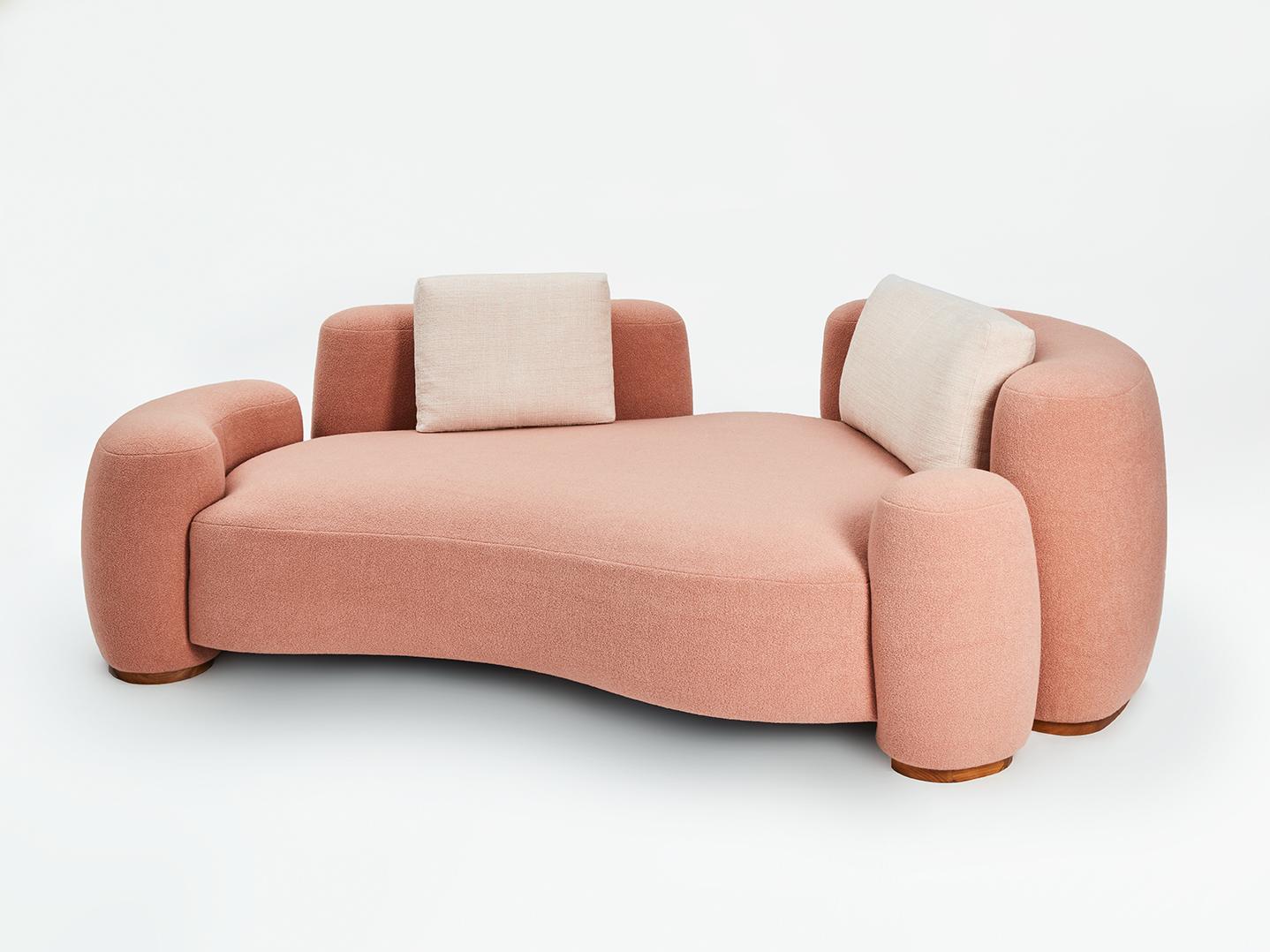 Pink Baba daybed by Gisbert Pöppler
Dimensions: H 82 (43) x W 250 x D 170 cm
Materials: Upholstered wooden frame, teak footings

Like a friend that wants to cuddle, Baba is an upholstered sofa series for lounging in complete comfort. The