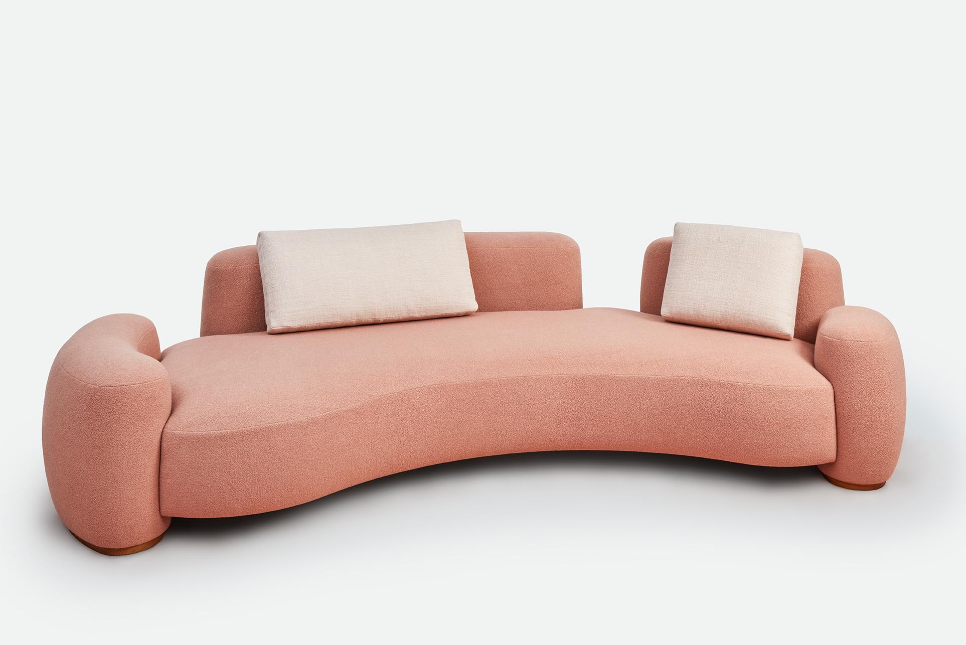 Pink Baba Sofa by Gisbert Pöppler
Dimensions: H 74 (SH43) x W 303 x D 140.5 cm
Materials: Upholstered wooden frame, teak footings

Like a friend that wants to cuddle, Baba is an upholstered sofa series for lounging in complete comfort. The