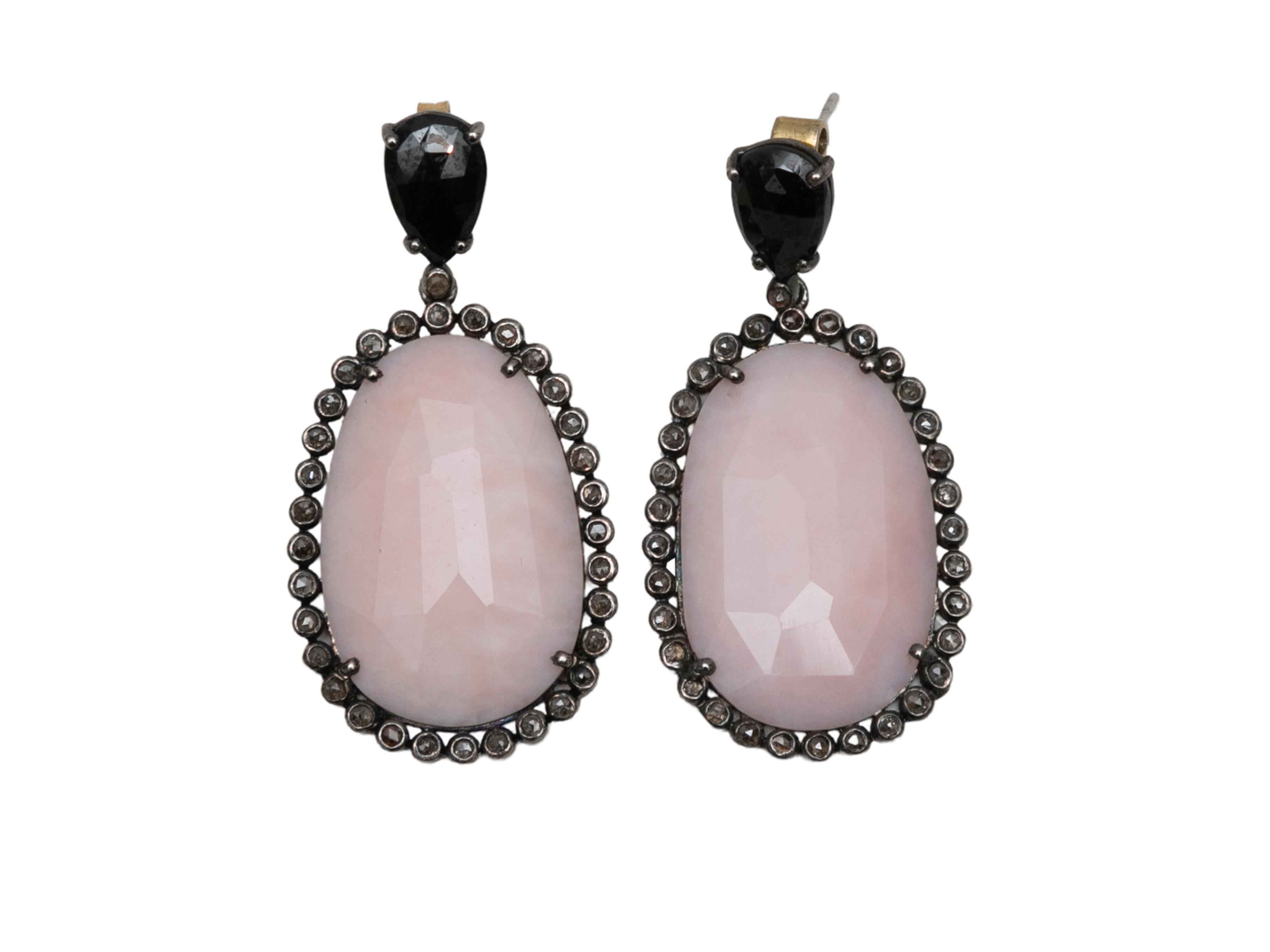 Pink Bavna Gemstone, Pave Diamond, & Sapphire Pierced Earrings In Good Condition For Sale In New York, NY