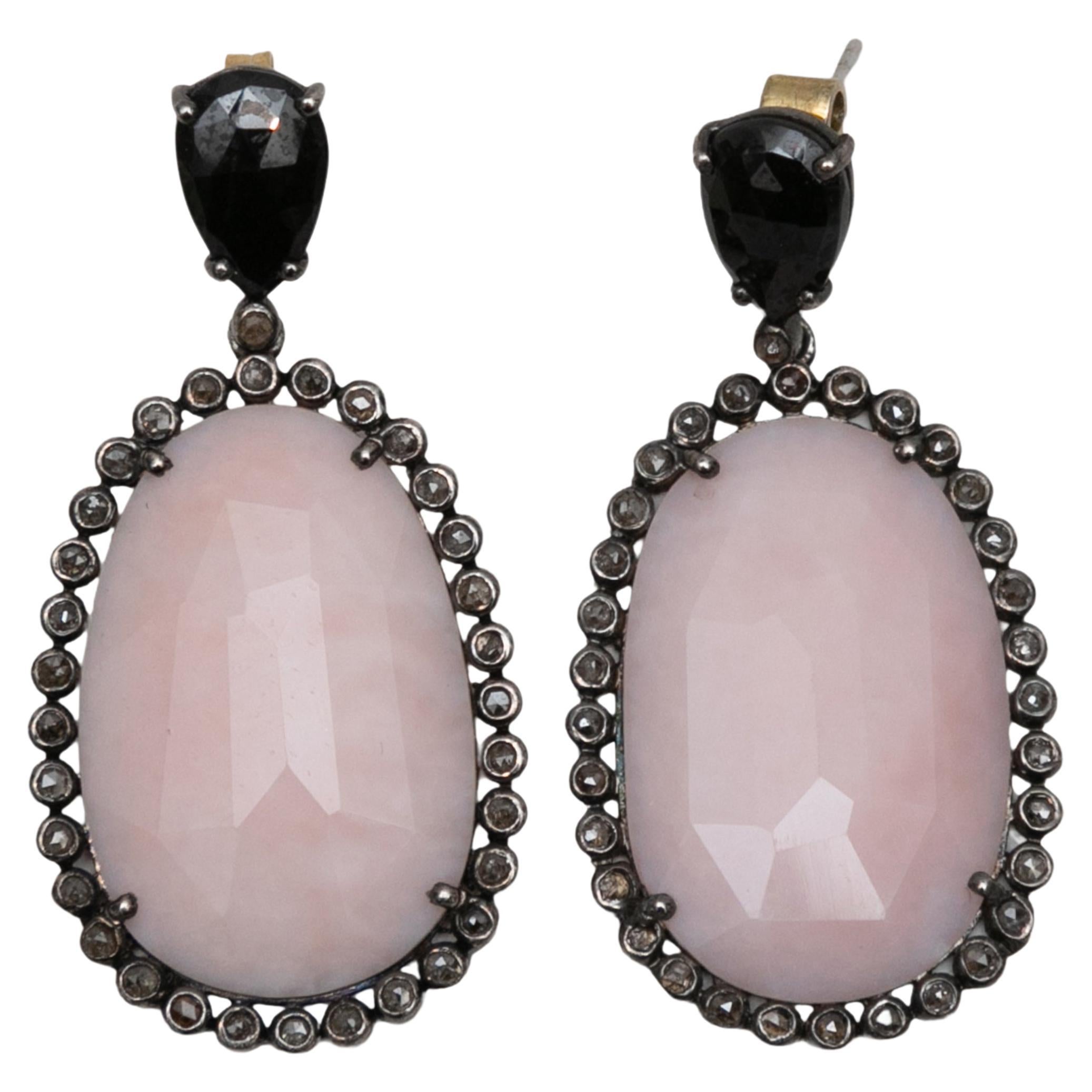 Pink Bavna Gemstone, Pave Diamond, & Sapphire Pierced Earrings For Sale