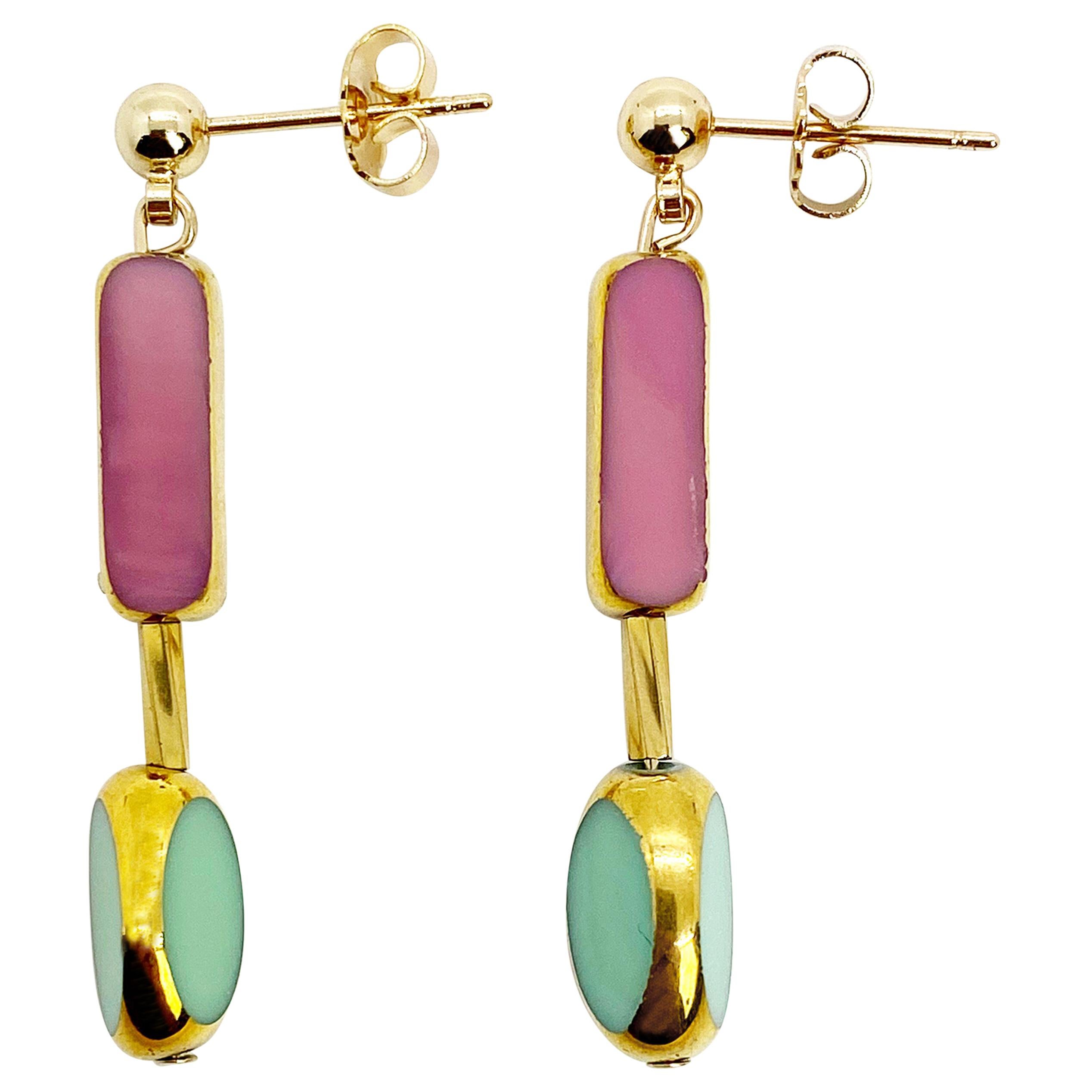 Pink & Bean Vintage German Glass Beads edged with 24K gold Earrings For Sale