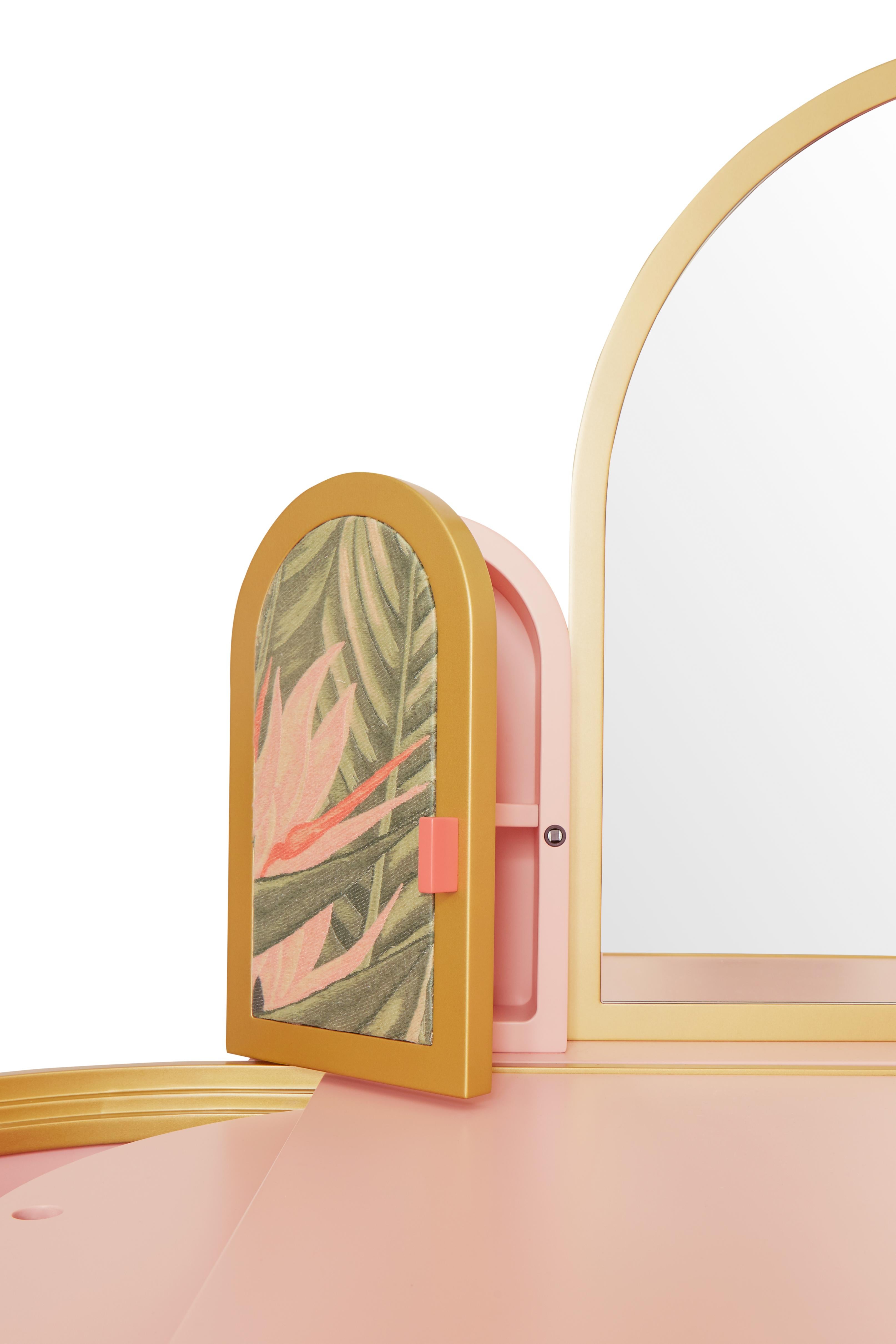 Italian Pink Bedroom Vanity with Velvet Pouff design by Ilaria Ferraro For Sale