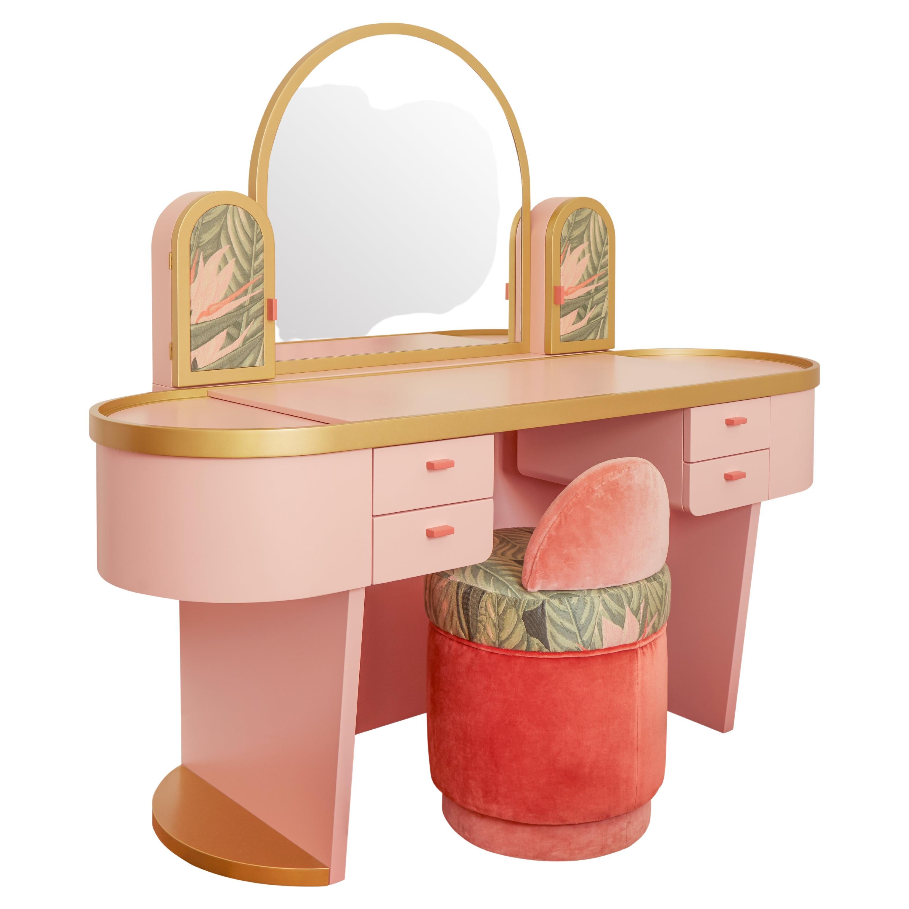 Pink Bedroom Vanity with Velvet Pouff design by Ilaria Ferraro For Sale