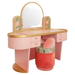 Pink Bedroom Vanity with Velvet Pouff