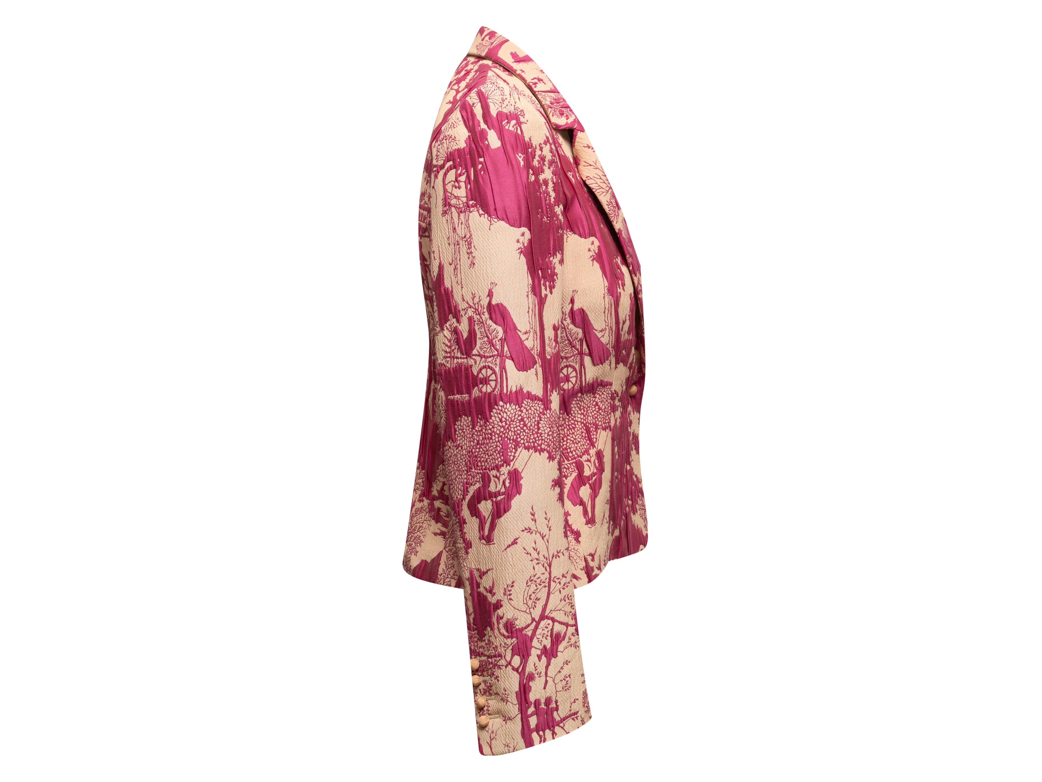 Pink and beige jacquard patterned blazer by Emanuel Ungaro. Notched lapel. Single button closure at front. 34