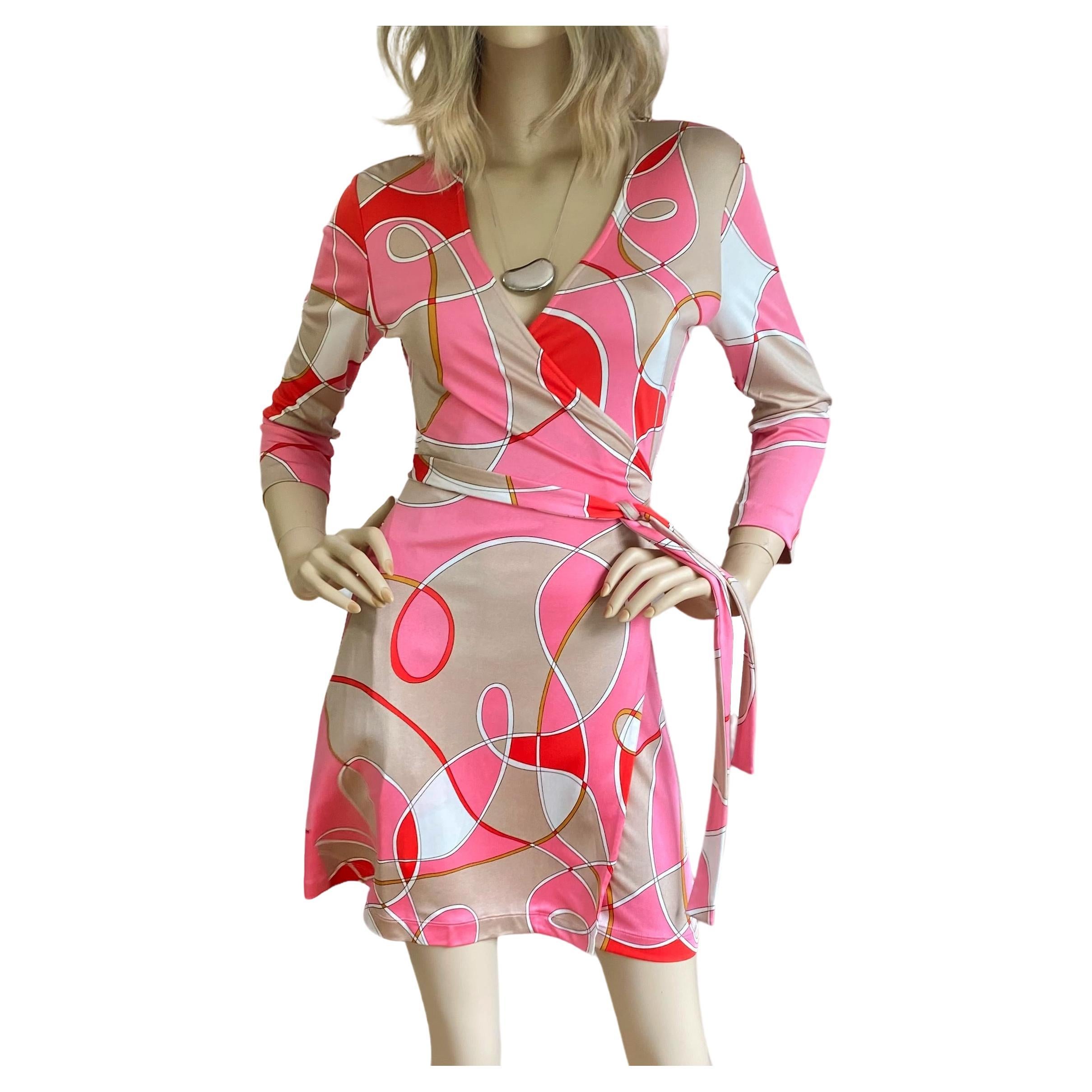Pink Beige Print Silk Jersey Wrap Dress NWT sizes 4, 8, 12 - Flora Kung  For Sale