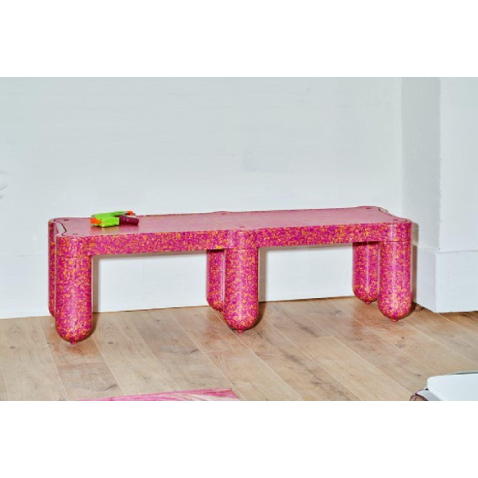 Pink bench by Supernovas
Dimensions: D150 x W40 x H12 cm
Materials: 50% Recycled LDPE + 50% Virgin Plastic 
Weight: 22 kg
Also available in different colours.

Easy to assemble without tools, Afterlife Bench takes the weight off your feet or