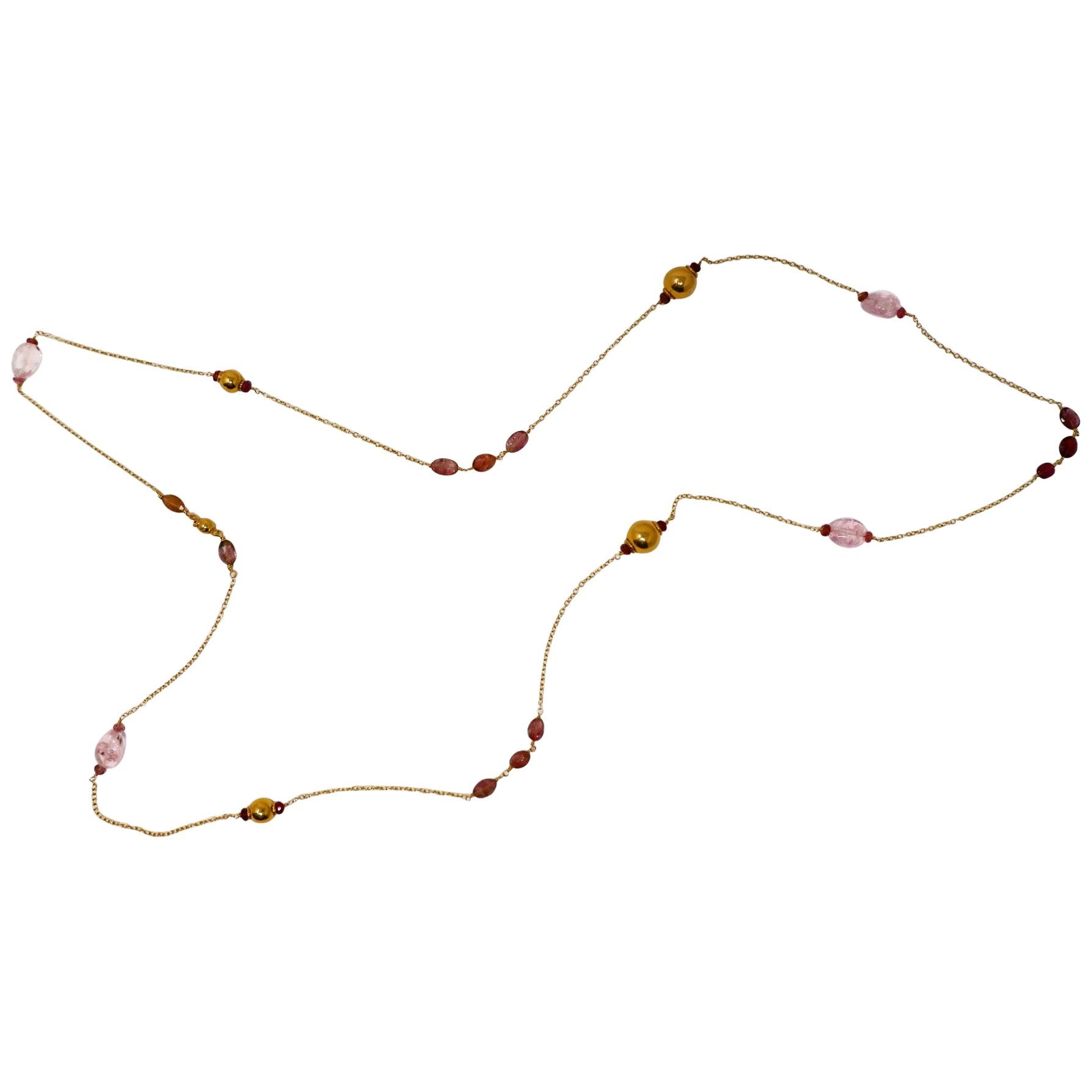 Pink Beryl and Rubellite Gold Bead Sautoir Necklace For Sale