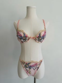 Pink Bird & Floral Embroidered 3-Piece Lingerie Set