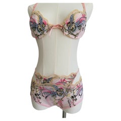 Pink Bird & Floral Embroidered 3-Piece Lingerie Set