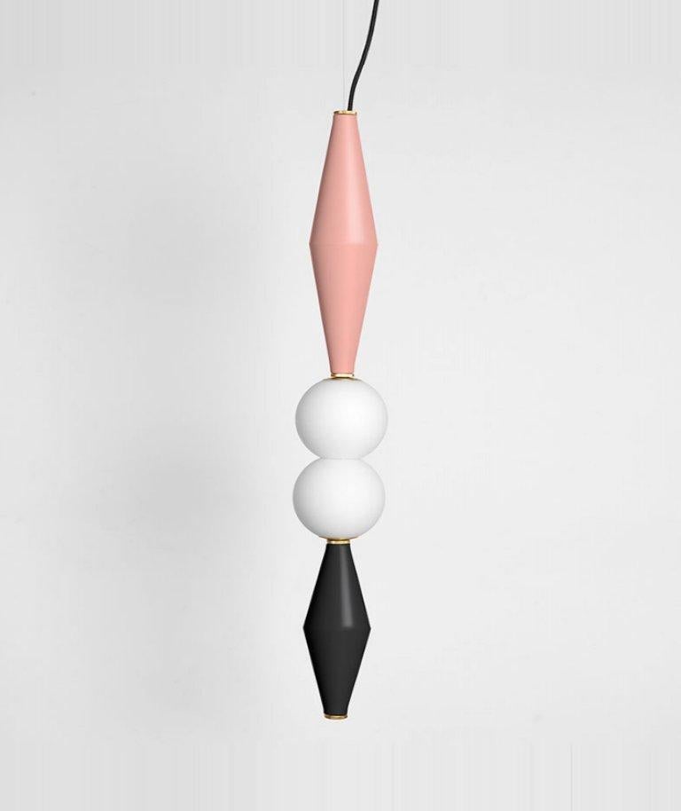 Pink / black Gamma E lamp by Mason Editions
Dimensions: 12 × 12 × 37 cm
Materials: aluminium and blown opal white glass
Colours: pink, burgundy, light grey, sage green, petrol green, black; petrol green/black, sage green/black, pink/black,