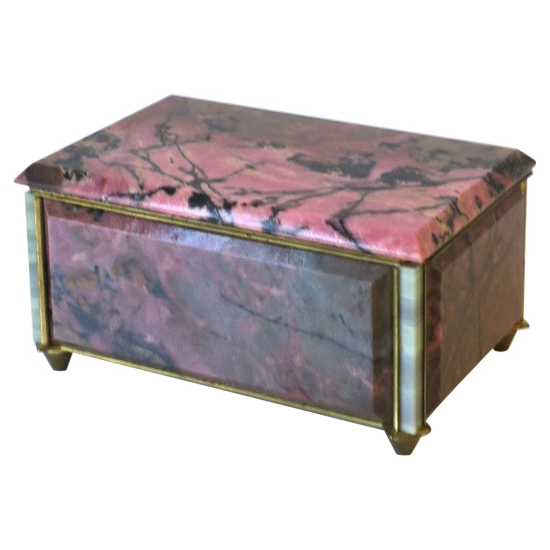 Schmuckkästchen aus Rhodonit, Quarz und Bronze in Rosa, Schwarz und Schwarz im Angebot