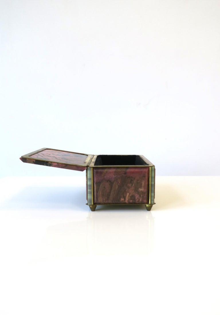 Pink Black Rhodonite Stone Bronze & Velvet Jewelry Box For Sale 4