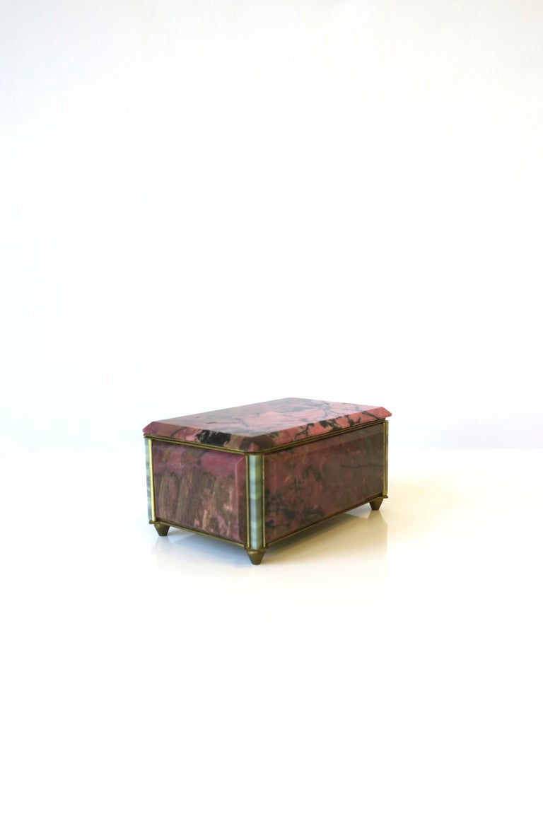 Pink Black Rhodonite Stone Bronze & Velvet Jewelry Box For Sale 5