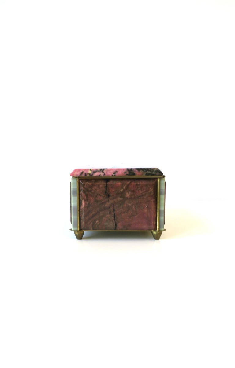 Pink Black Rhodonite Stone Bronze & Velvet Jewelry Box For Sale 7