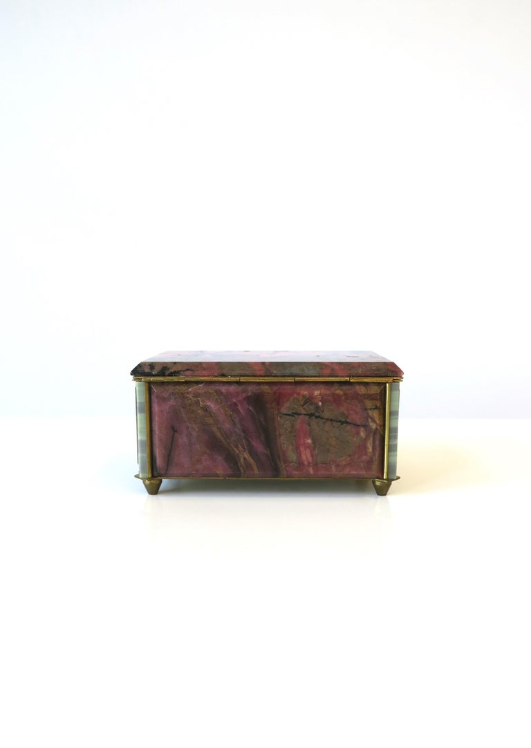 Pink Black Rhodonite Stone Bronze & Velvet Jewelry Box For Sale 8