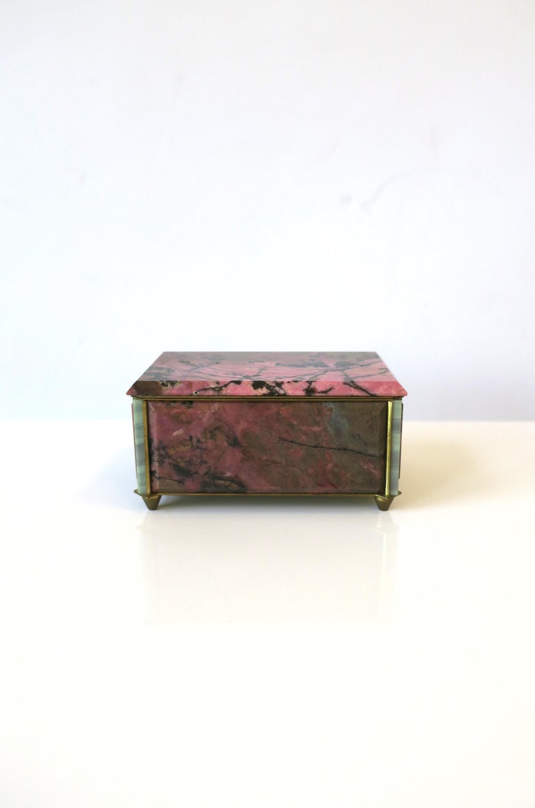 European Pink Black Rhodonite Stone Bronze & Velvet Jewelry Box For Sale