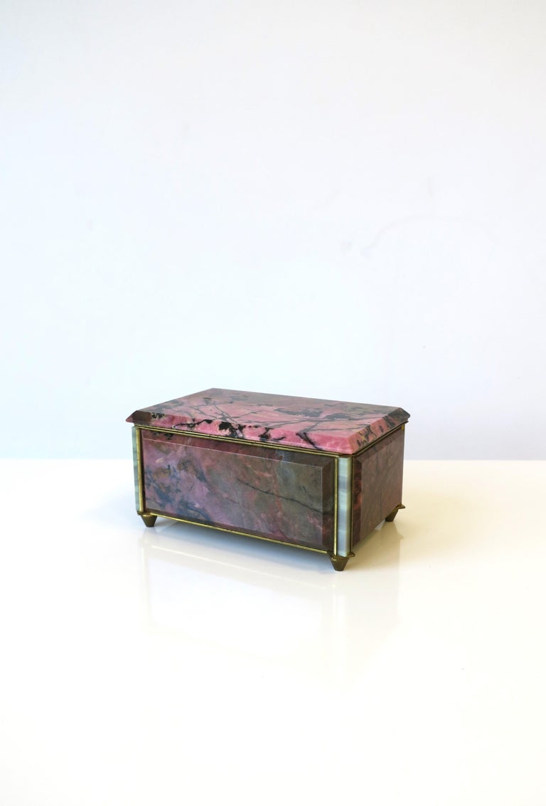 Polished Pink Black Rhodonite Stone Bronze & Velvet Jewelry Box For Sale