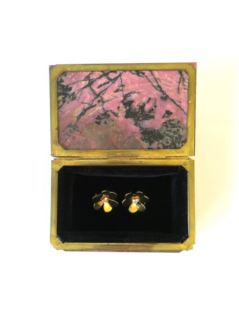 Pink Black Rhodonite Stone Bronze & Velvet Jewelry Box For Sale 2