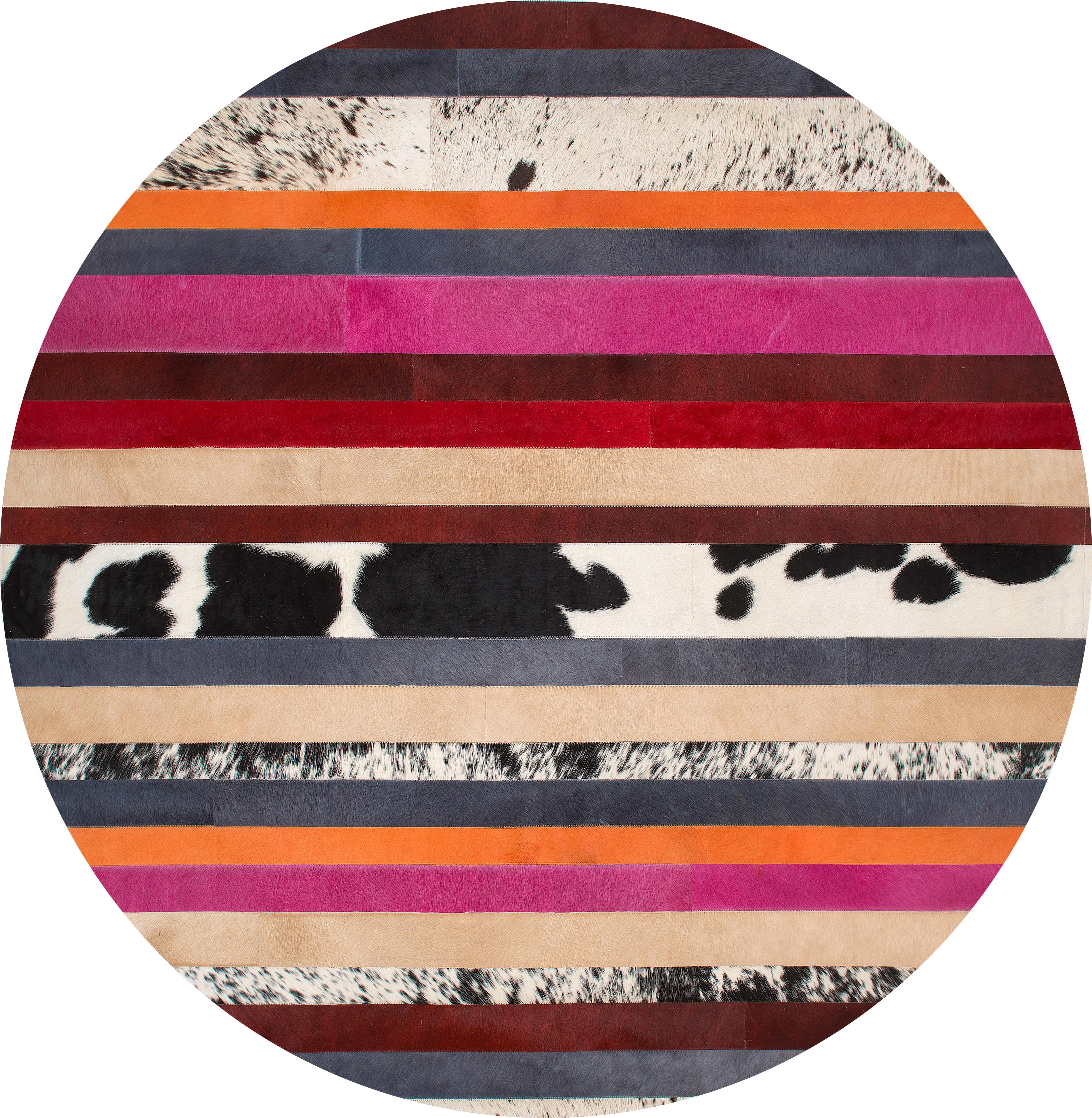 Pakistani Pink & Black Striped Round Customizable Nueva Raya Cowhide Area Floor Rug Large For Sale