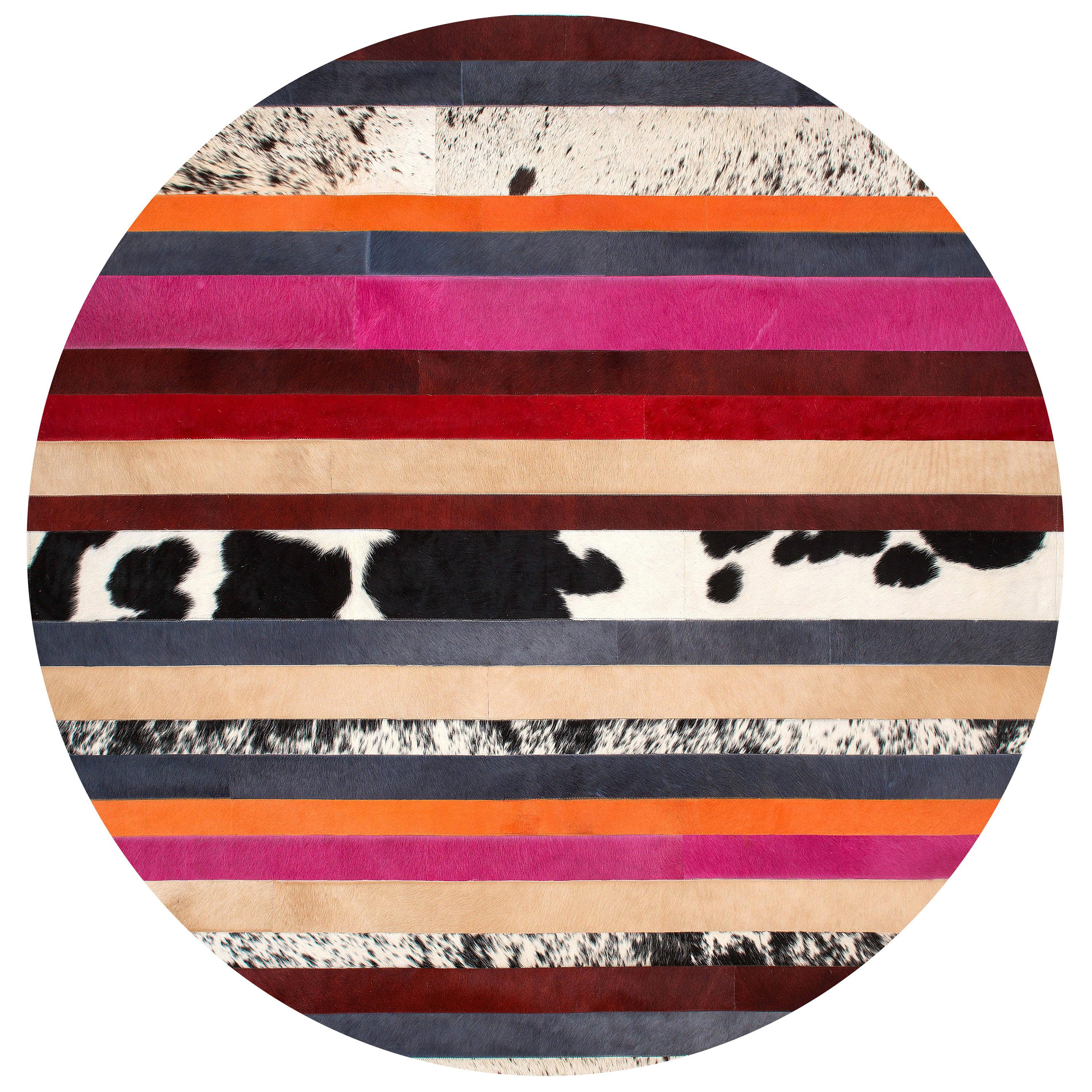 Pink & Black Striped Round Customizable Nueva Raya Cowhide Area Floor Rug Medium For Sale