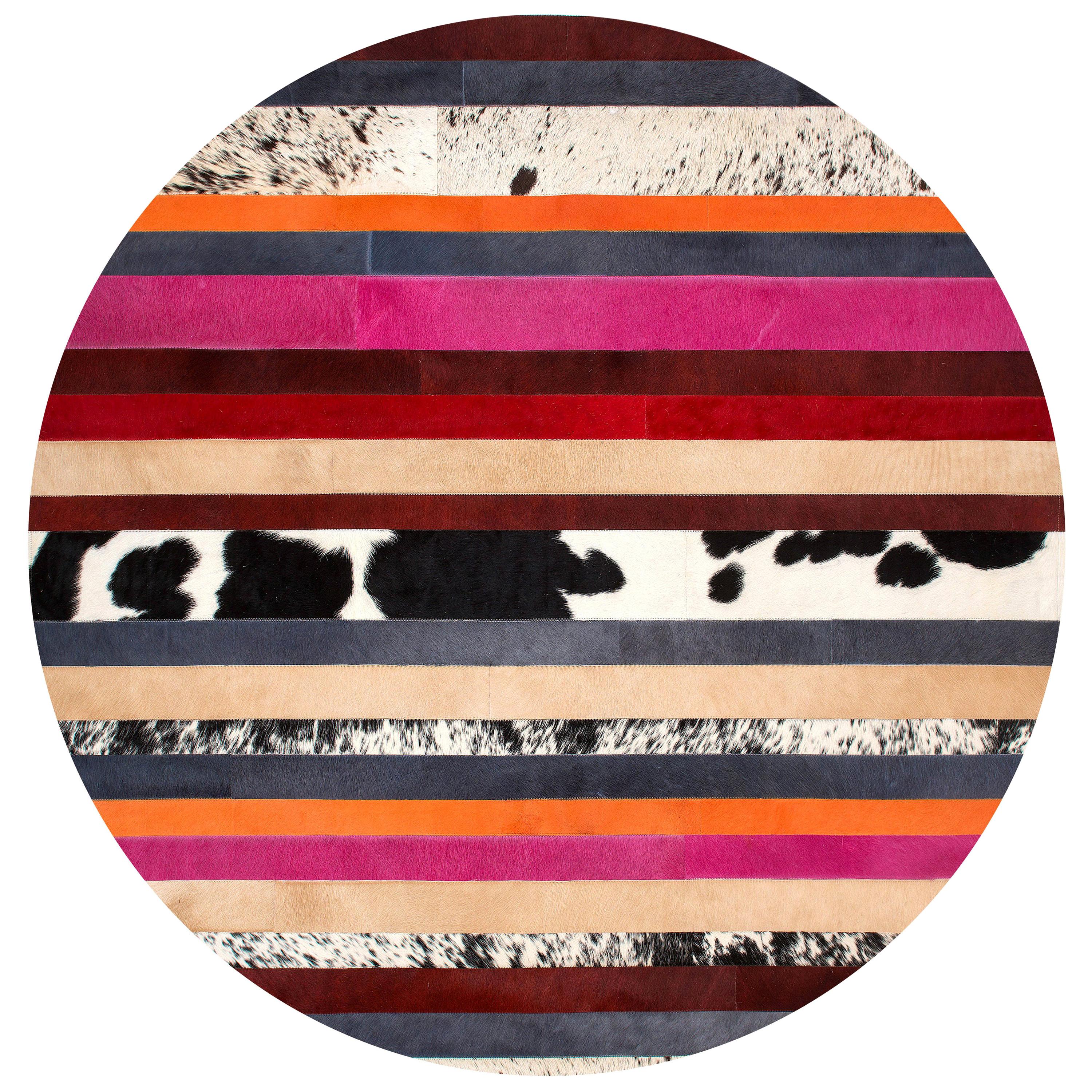 Pink & Black Striped Round Customizable Nueva Raya Cowhide Area Floor Rug XLarge For Sale