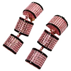 Pink & Black Swarovski Crystal Wood Drop Clip-On Earrings circa 1980s