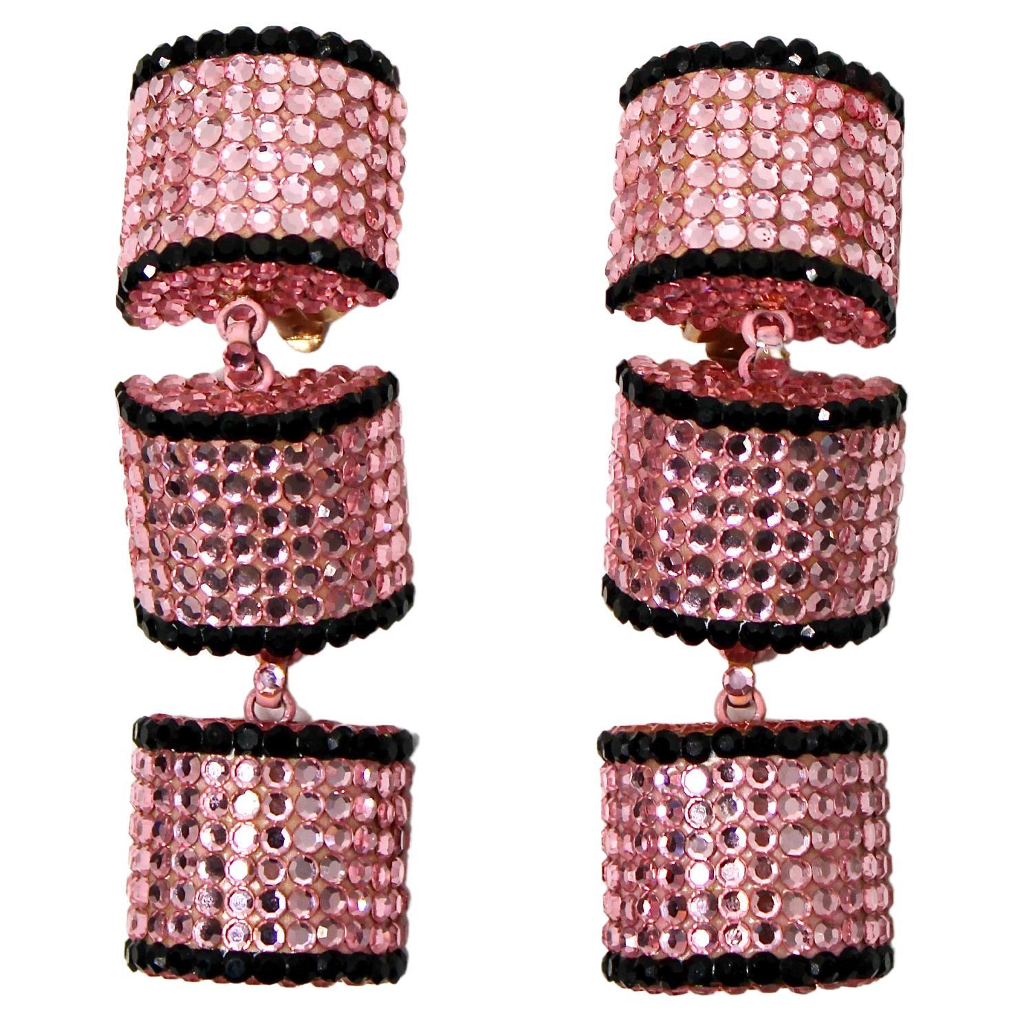 Pink 
Black Swarovski Crystal Wood Drop Clip-On Earrings circa 1980s