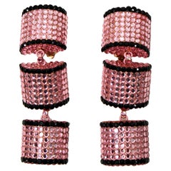 Pink 
Black Swarovski Crystal Wood Drop Clip-On Earrings circa 1980s