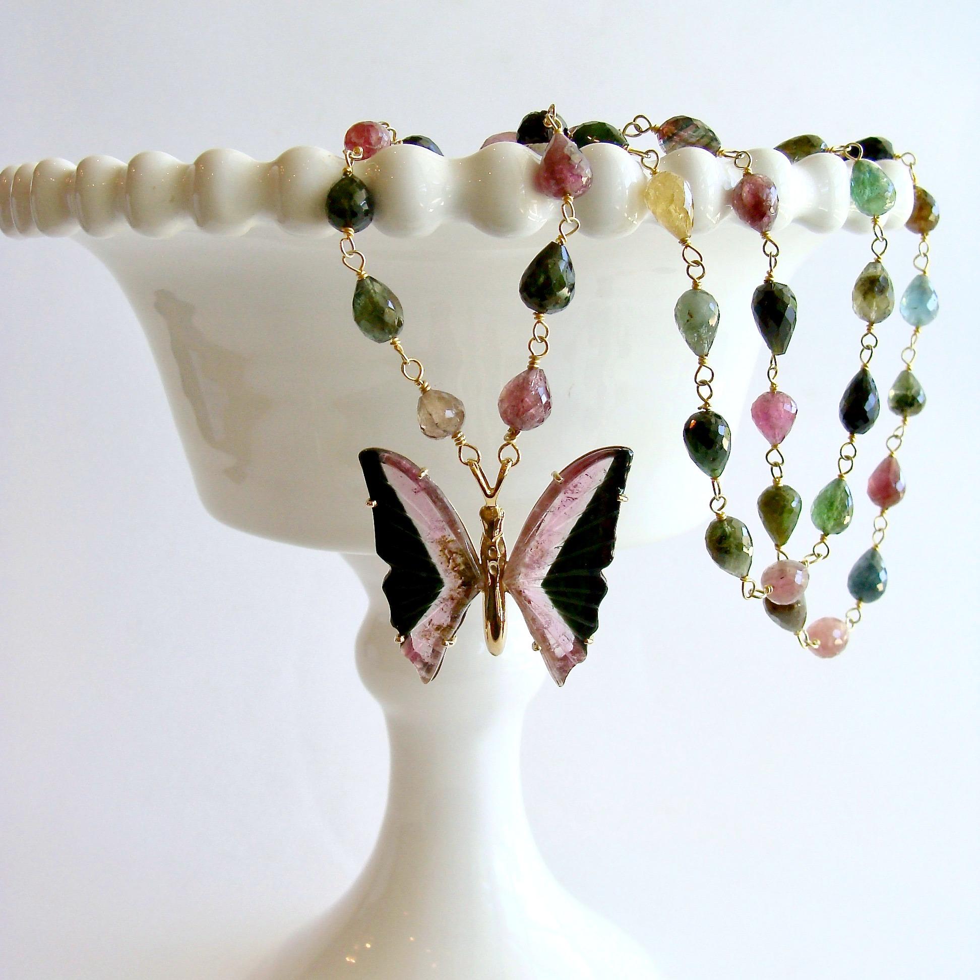 Artisan Pink Black Watermelon Tourmaline Butterfly Necklace, Papillon XVI Necklace