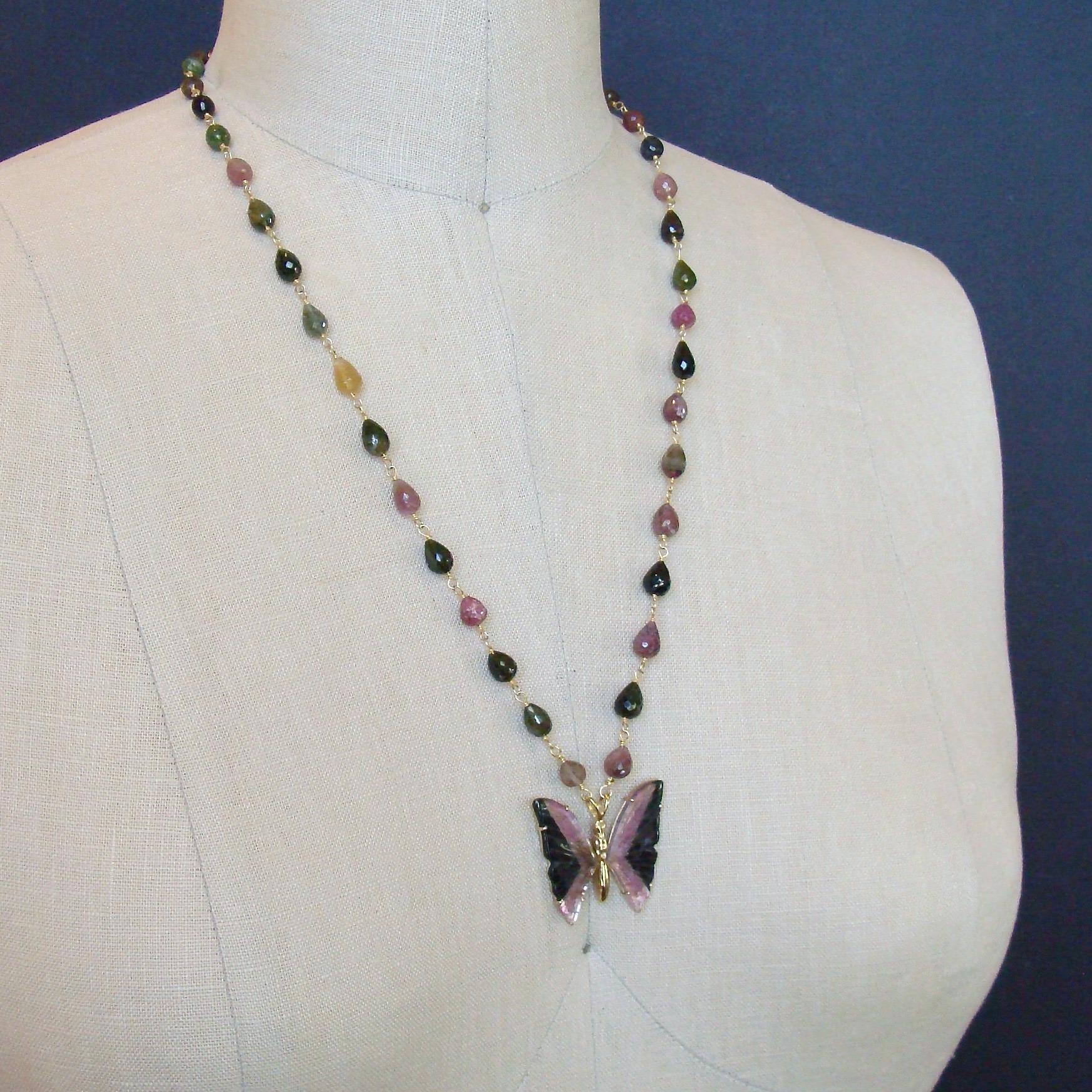 Pink Black Watermelon Tourmaline Butterfly Necklace, Papillon XVI Necklace In New Condition In Colleyville, TX