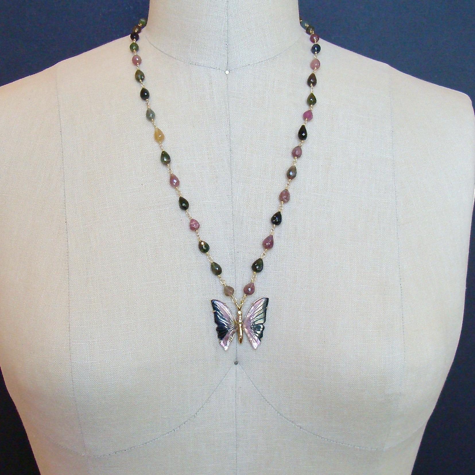 Women's or Men's Pink Black Watermelon Tourmaline Butterfly Necklace, Papillon XVI Necklace