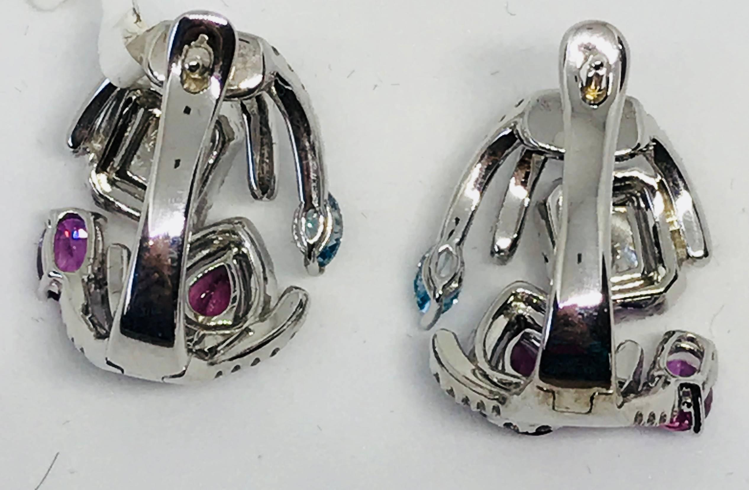Modern Pink, Blue, and White Diamond Earrings in 18 Karat White Gold For Sale