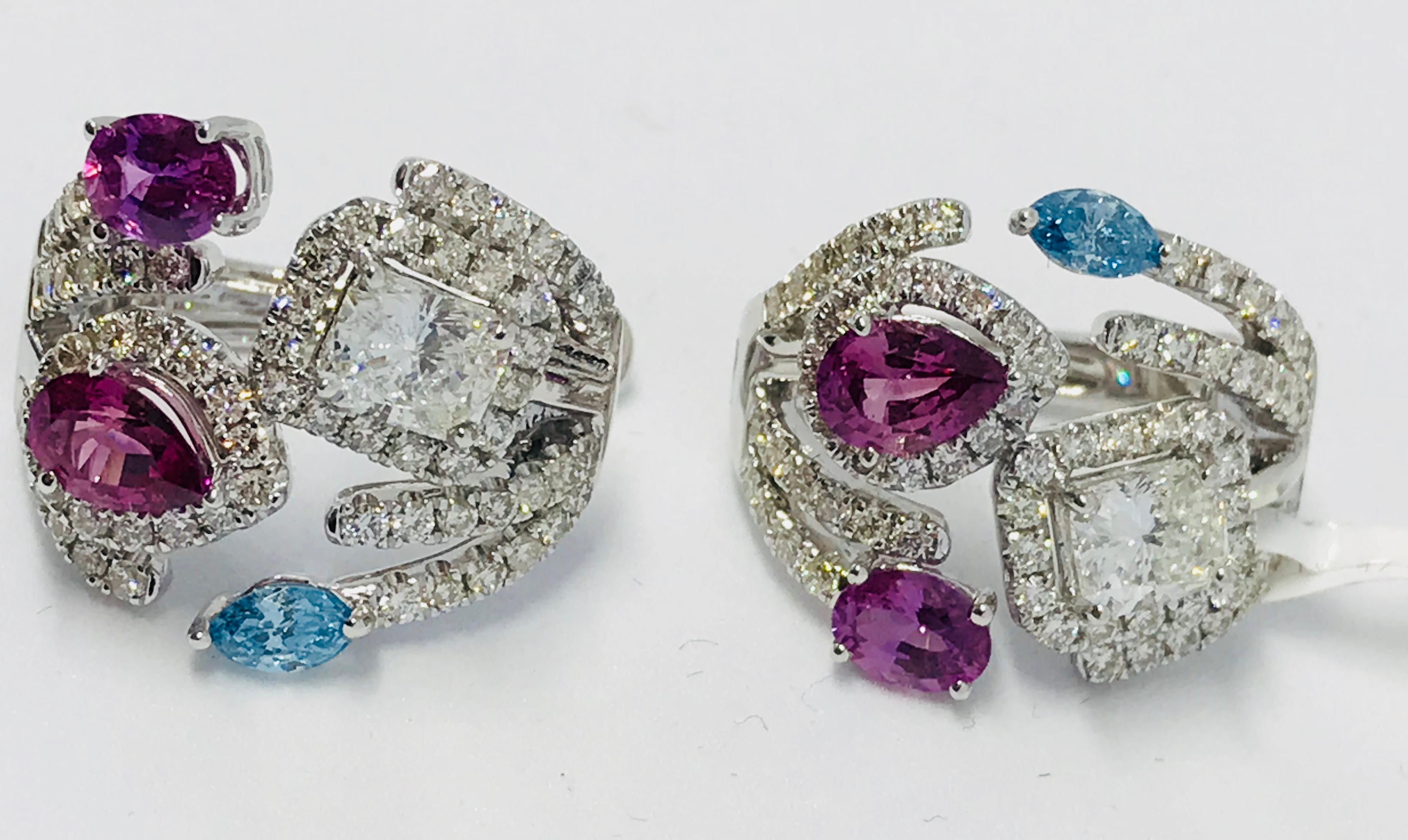 Round Cut Pink, Blue, and White Diamond Earrings in 18 Karat White Gold For Sale