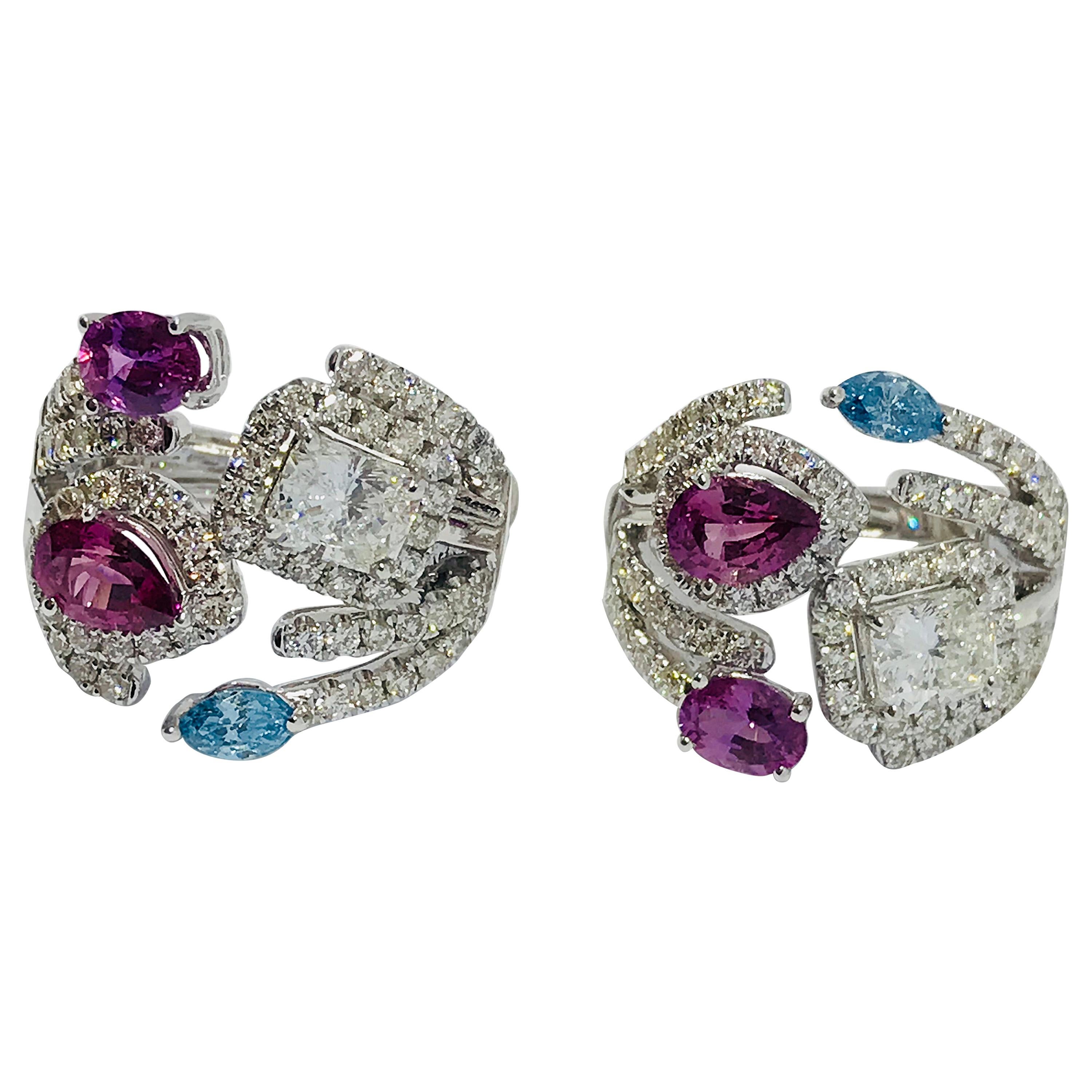 Pink, Blue, and White Diamond Earrings in 18 Karat White Gold For Sale