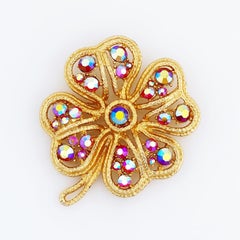 Pink & Blue Aurora Borealis Crystal Four Leaf Clover Brooch, 1960s