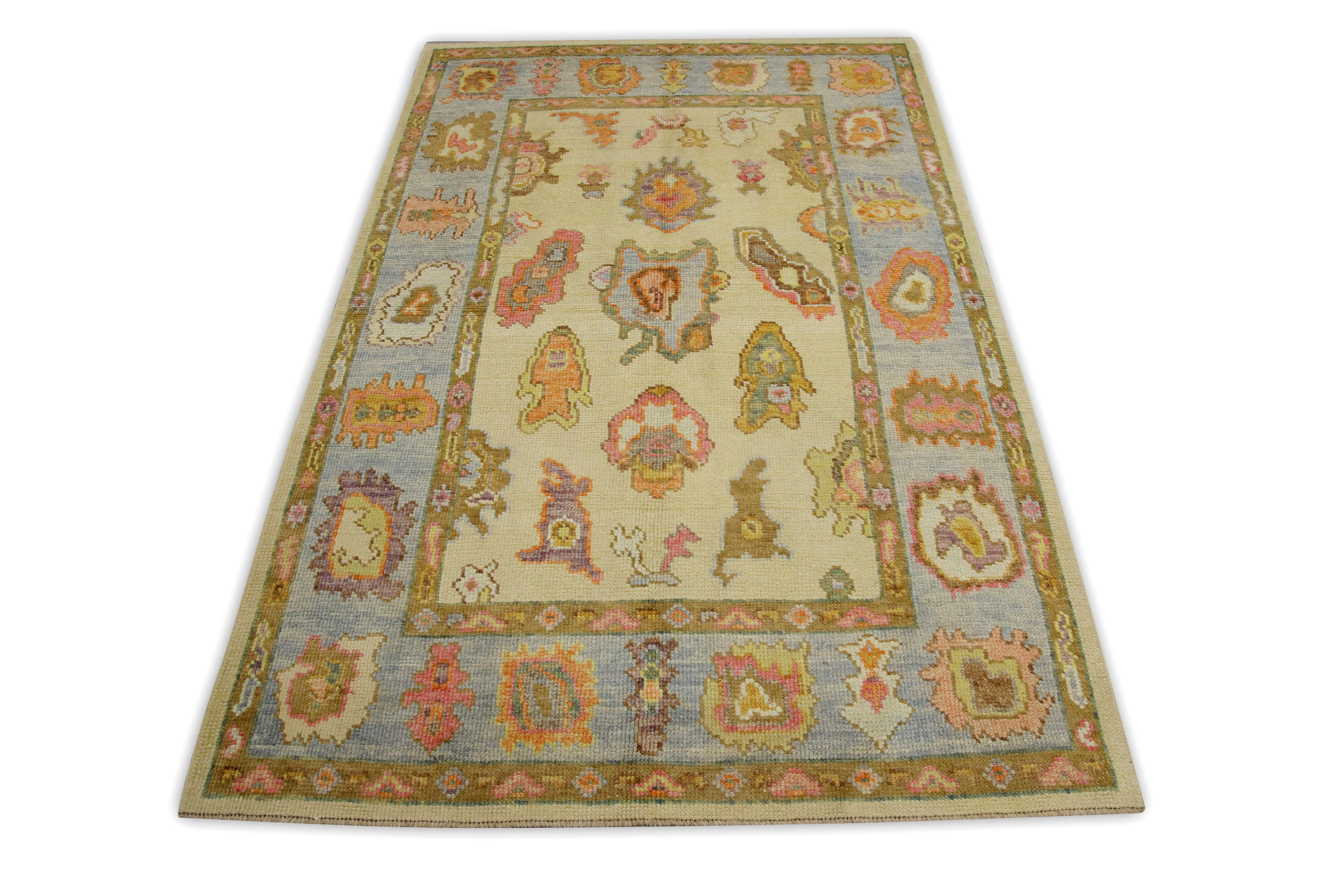 Contemporary Pink & Blue Floral Design Handwoven Wool Turkish Oushak Rug 4'1