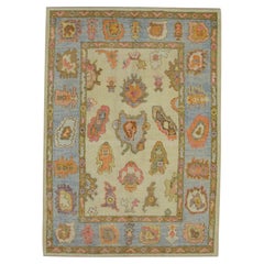 Pink & Blue Floral Design Handwoven Wool Turkish Oushak Rug 4'1" x 6'3"