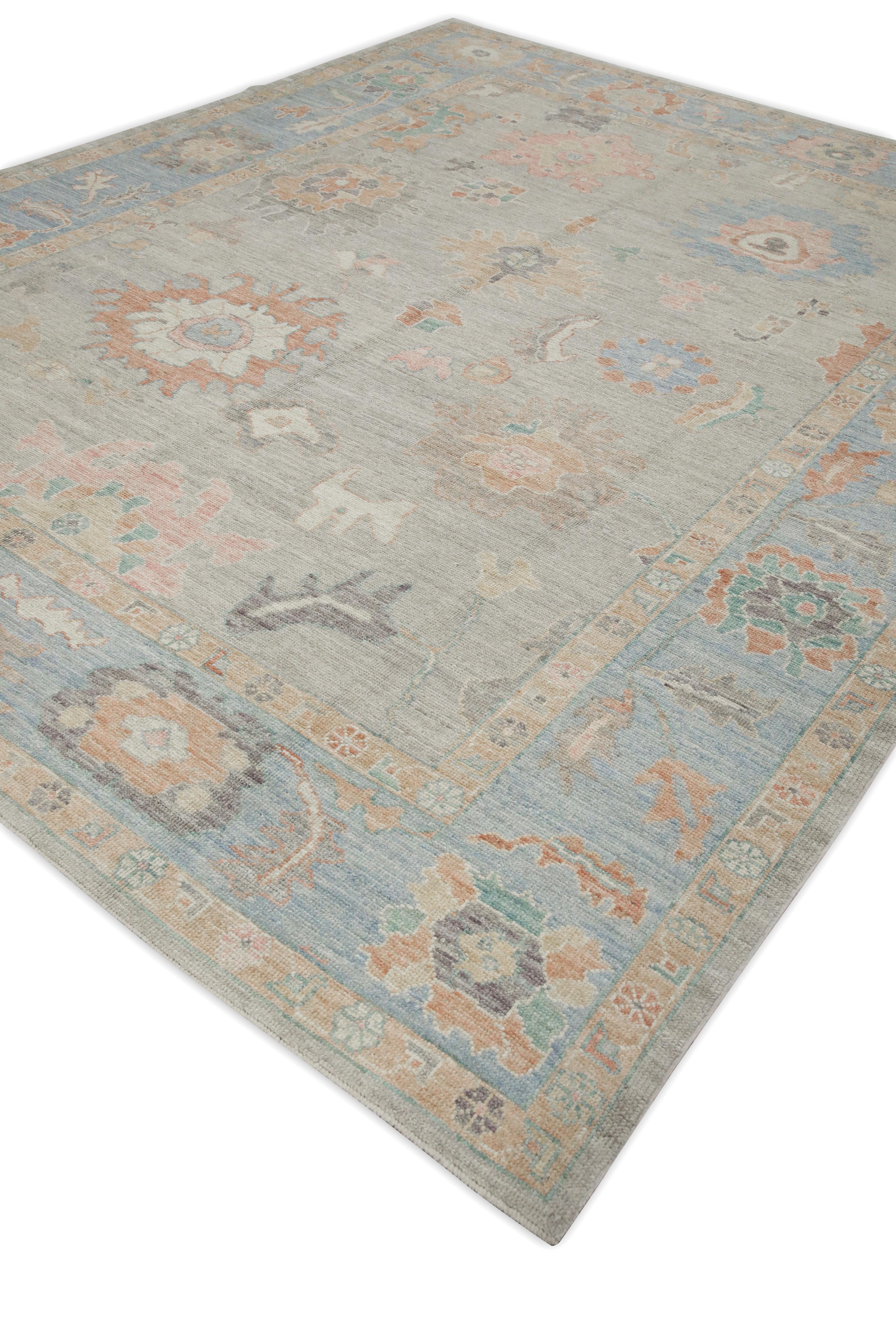Contemporary Pink & Blue Floral Design Handwoven Wool Turkish Oushak Rug 9'6
