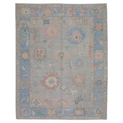 Handgewebter türkischer Oushak-Teppich aus Wolle in Rosa & Blau mit Blumenmuster 9'6" X 11'10"