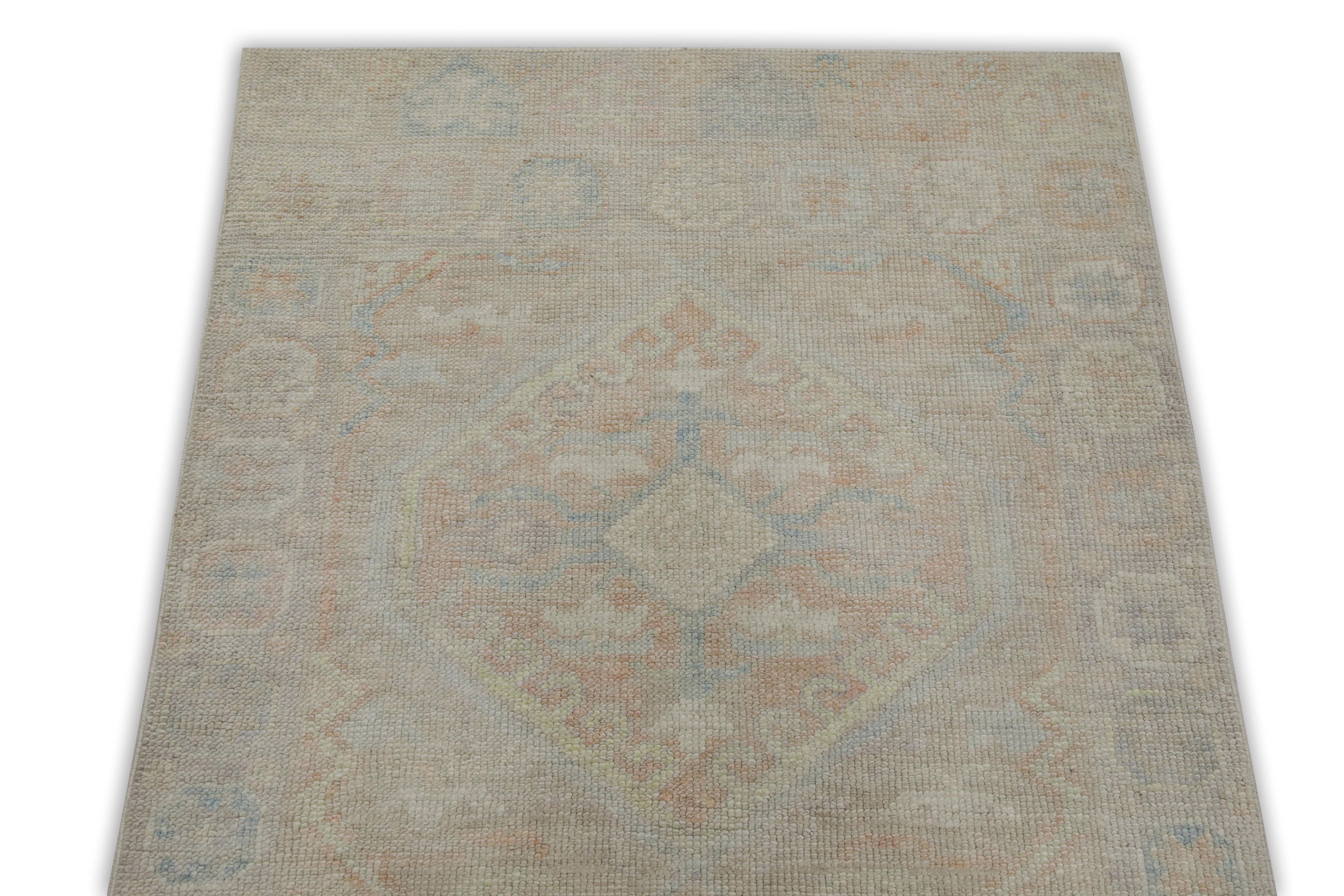 Pink & Blue Geometric Design Handwoven Wool Turkish Oushak Rug In New Condition For Sale In Houston, TX