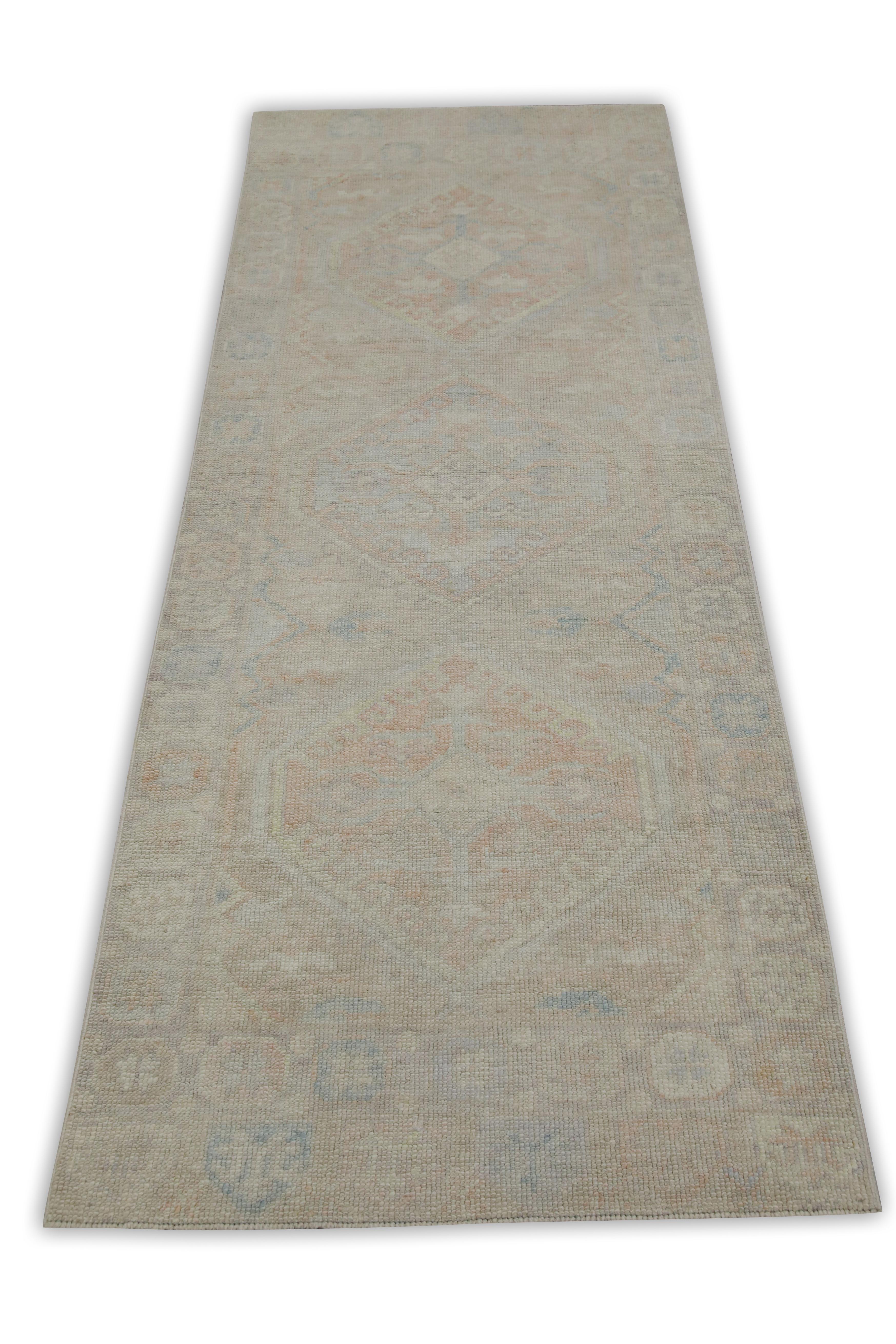 Contemporary Pink & Blue Geometric Design Handwoven Wool Turkish Oushak Rug For Sale