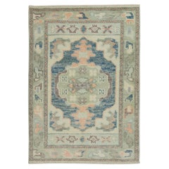 Pink & Blue Geometric Design Handwoven Wool Turkish Oushak Rug