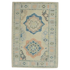 Pink & Blue Geometric Design Handwoven Wool Turkish Oushak Rug