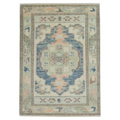 Pink & Blue Geometric Design Handwoven Wool Turkish Oushak Rug